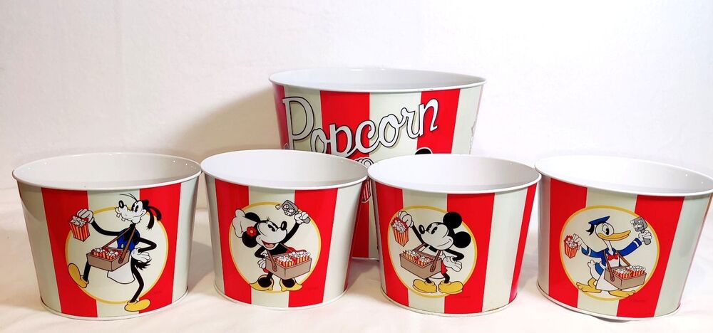 5 Disney World Tin Popcorn Buckets Vintage Minnie, Goofy, Donald Duck, Mickey